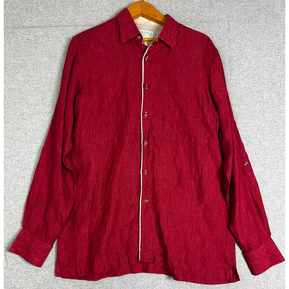 Inserch Linen Button Down Shirt Mens Large Red 100% Linen Roll Tab Sleeve